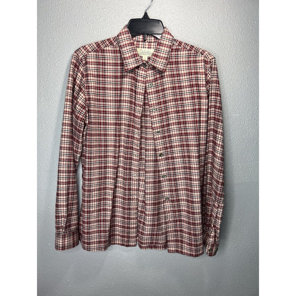 CABELA'S Shirt Womens S Flannel Plaid Button Front Long Sleeve Cotton Red Cream